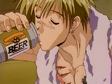 Vash drinks a beer after his shower.