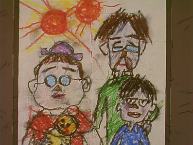 Closeup of the framed drawing of Max's family.