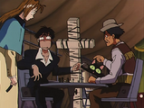 Wolfwood realizes he has been caught attempting to cheat at chess.