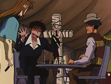 Wolfwood realizes he has been caught attempting to cheat at chess.