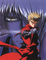 Vash with Legato looming behind him. Illustrated by Takahiro Yoshimatsu.