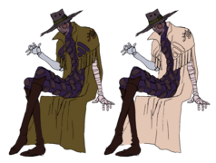 Caine's outfit with normal colors (left) and camouflaged colors (right)