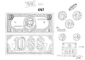 Designs of the double dollars and c-cents as seen in the 1998 anime.