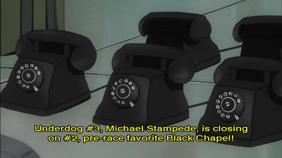 "Underdog #3, Michael Stampede, is closing on #2, pre-race favorite Black Chapel!"