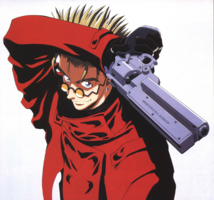 Vash holding his Long Colt Revolver. Illustrated by Takahiro Yoshimatsu and finished by Akihiko Isozaki.