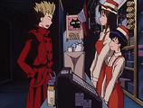 Vash buys food from Milly and Meryl, currently working part-time on the Flourish.