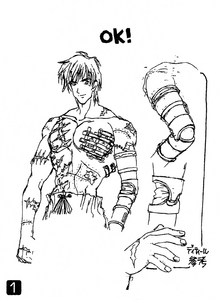 Shirtless Vash and his first prosthetic arm.