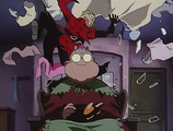 Vash bursts through an old woman's home while running away.