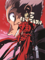 Vash, wielding both Long Colt Revolvers and the Punisher, while Knives looms behind him. Illustrated by Takahiro Yoshimatsu.